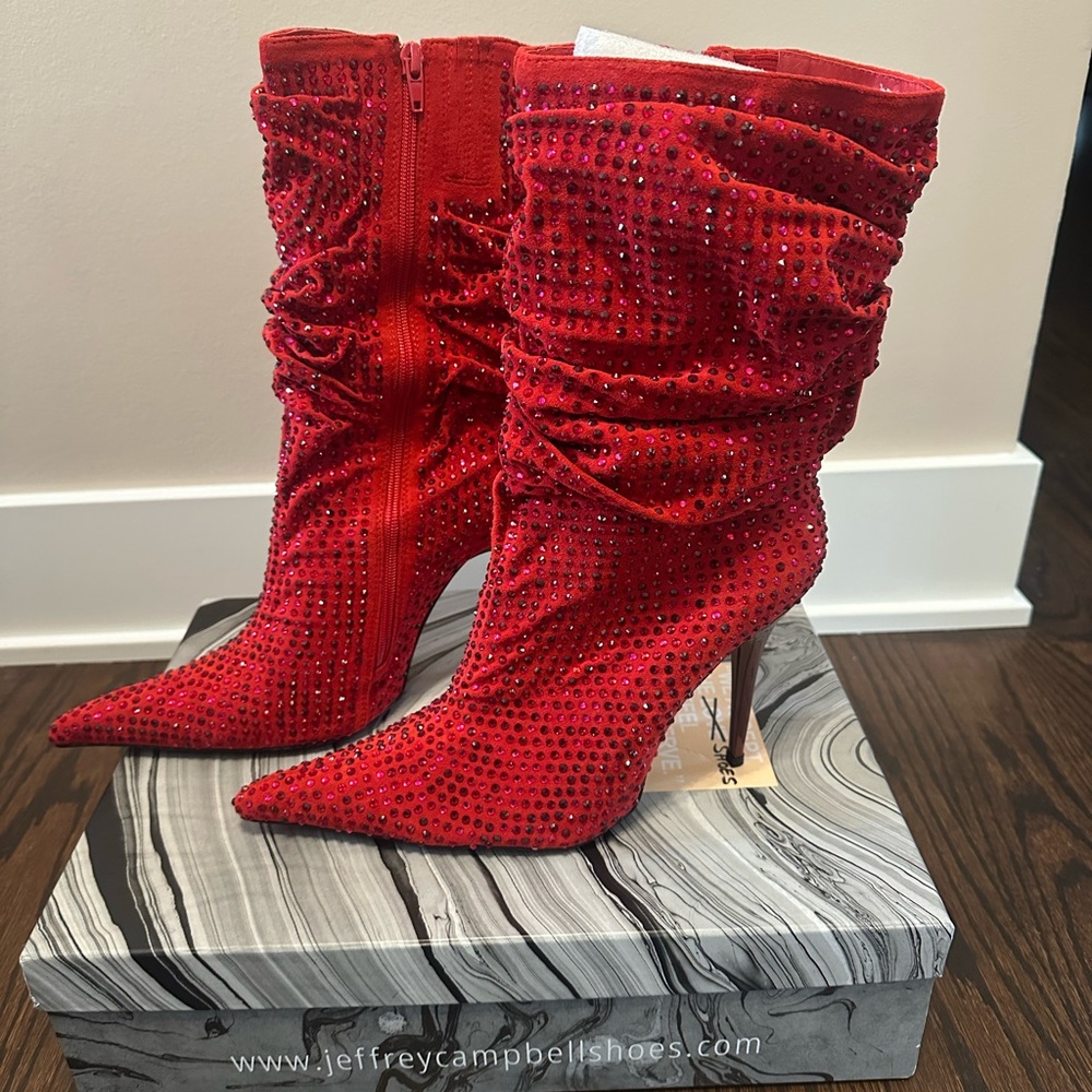 Jeffrey Campbell Cry4U-MID red suede sequined boots